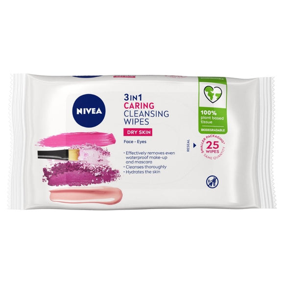 NIVEA 3IN1 CARING CLEANSING WIPES DRY SKIN X25WIPES