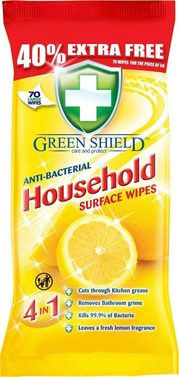GREEN SHIELD ANTI-BACTERIAL HOUSEHOLD SURFACE WIPES X70