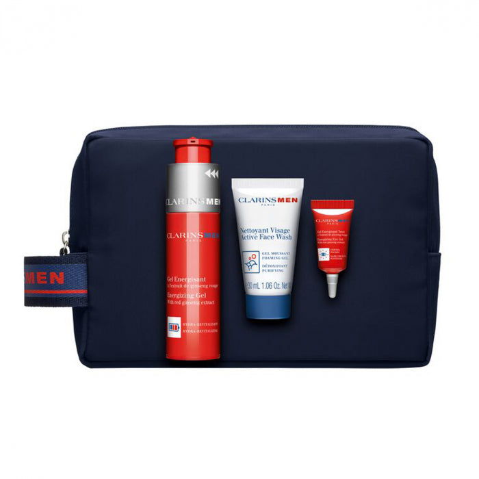 CLARINS GIFT SET MEN 50ML ENERGIZING GEL, 30ML FACE WASH, 3ML EYE GEL & POUCH