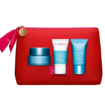 CLARINS GIFT SET 50ML MOISTURIZE, 15ML SCRUB, 15ML MASK & POUCH
