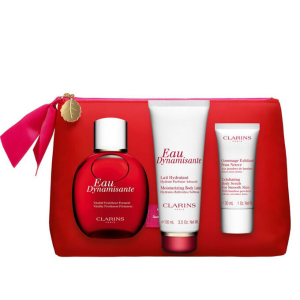 CLARINS GIFT SET 100ML FRAGRANCE, 100ML BODY LOTION, 30ML BODY SCRUB & POUCH