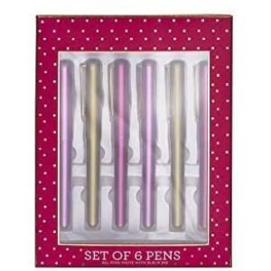 TRI-COASTAL SET OF 6 BLACK INK PINK & GOLD PENS IN BOX