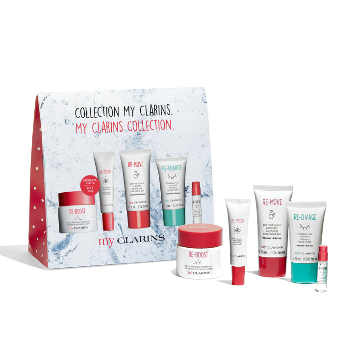CLARINS GIFT SET 50MLHYDRATING CREAM, 15ML EYE DE-PUFFER, 10ML CLEANSING, 15ML SLEEP MASK & 1,5M MIS