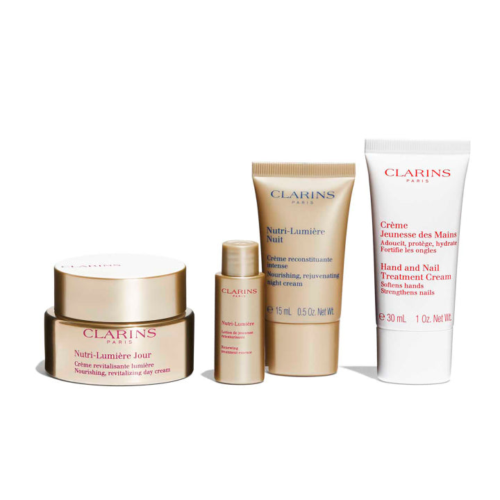 CLARINS GIFT SET 50ML DAY CREAM, 10ML RENEWING TREATMENT,15ML NIGHT CREAM, 30ML HAND CREAM & POUCH - Image 2