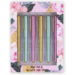 TRI-COASTAL SET OF 6 BLACK INK FLOWERS PENS IN BOX