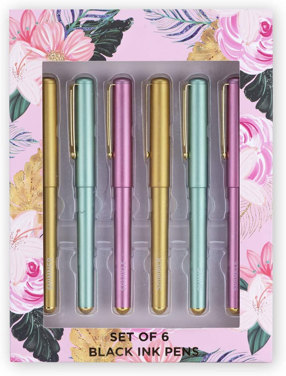 TRI-COASTAL SET OF 6 BLACK INK FLOWERS PENS IN BOX