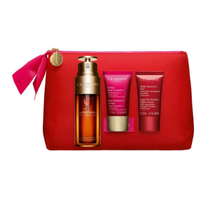 CLARINS GIFT SET 50ML DOUBLE SERUM, 15ML ROSE CREAM RESTORATIVE, 15ML NIGHT CREAM & POUCH