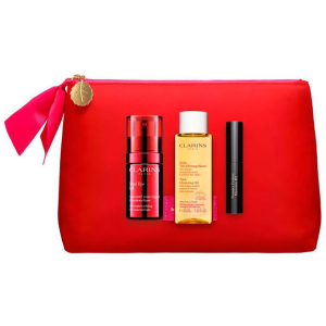 CLARINS GIFT SET 15ML EYE LIFT, 50ML CLEANSING OIL, 3ML MASCARA & POUCH