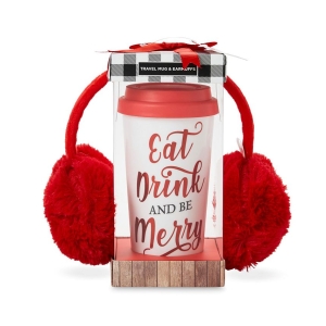 TRI-COASTAL EAT, DRINK & BE MERRY EARMUFF & TRAVEL MUG SET