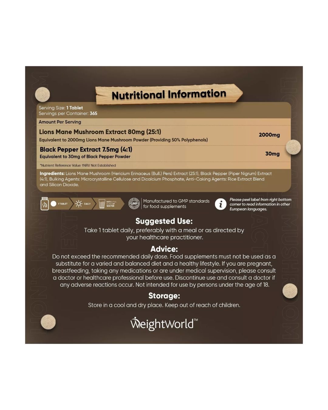 WEIGHTWORLD LIONS MANE MUSHROOM WITH BLACK PEPPER 365 TABS - Image 2