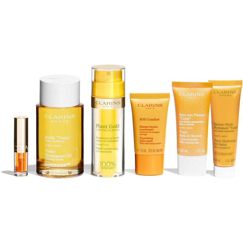 CLARINS SPA AT HOME 30ML OIL, 30ML SHOWER GEL ,1.5ML MASK, 100ML TONIC, 35ML PLANT GOLD